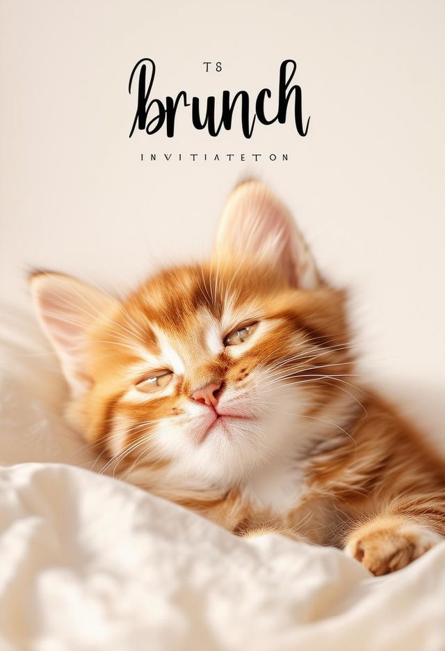 Minimal book cover titled 'Brunch Invitation' featuring a background of a kitten waking up