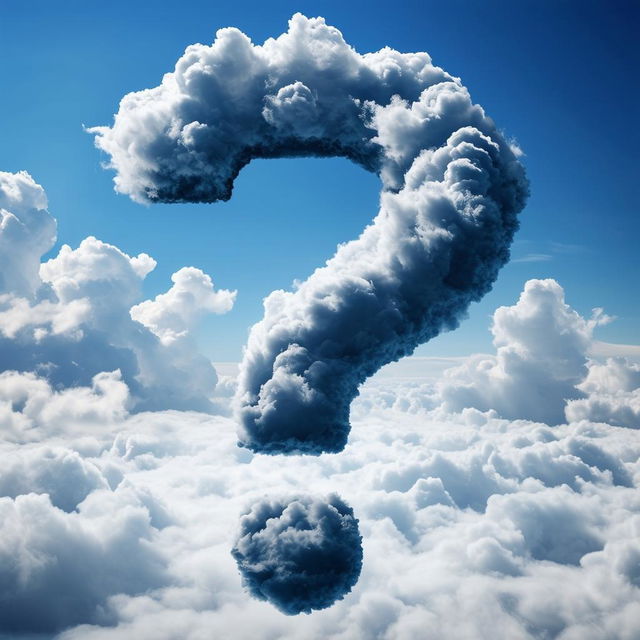 A book cover design featuring a question mark ("?") made of clouds with an interesting background of dynamic cloud formations in the sky