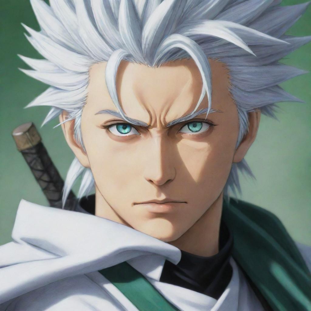 A close up portrait of Captain Hitsugaya from the anime Bleach. His sharp teal eyes, silver hair, and green and white captain's uniform are clearly depicted. His sword, Hyorinmaru, rests on his shoulder with the dragon hilt visible.