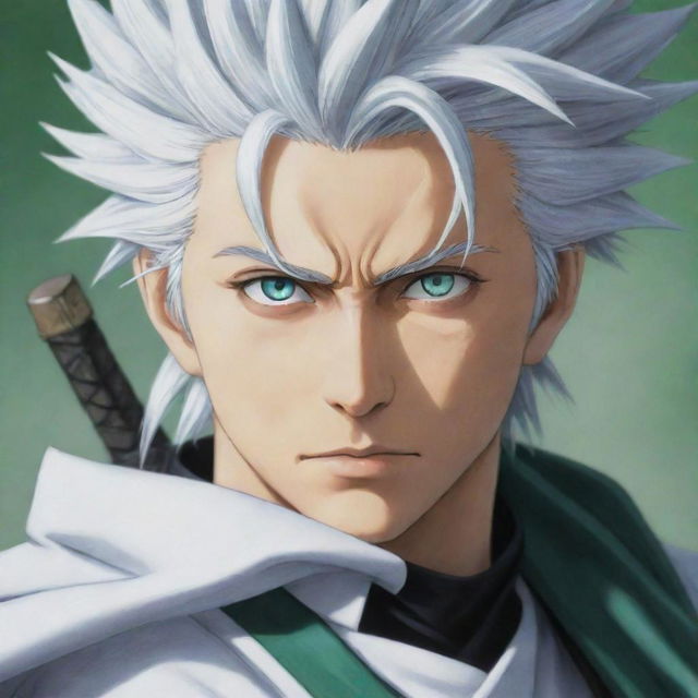 A close up portrait of Captain Hitsugaya from the anime Bleach. His sharp teal eyes, silver hair, and green and white captain's uniform are clearly depicted. His sword, Hyorinmaru, rests on his shoulder with the dragon hilt visible.