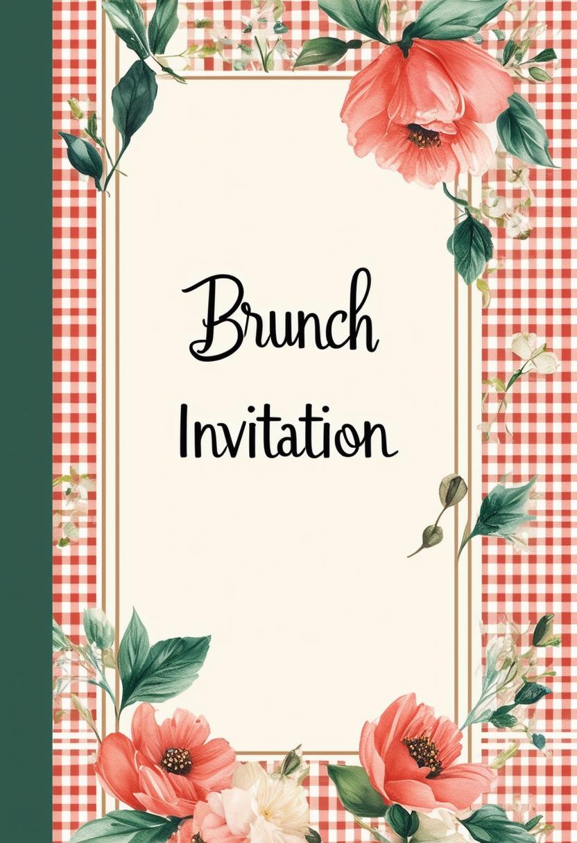 Minimal book cover titled 'Brunch Invitation' with a gingham floral pattern background