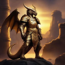 A majestic gold dragonborn standing proudly with shimmering scales, intricate armor, and a fierce yet noble expression