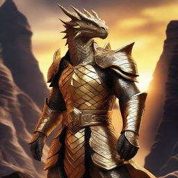 A majestic gold dragonborn standing proudly with shimmering scales, intricate armor, and a fierce yet noble expression