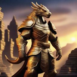 A majestic gold dragonborn standing proudly with shimmering scales, intricate armor, and a fierce yet noble expression