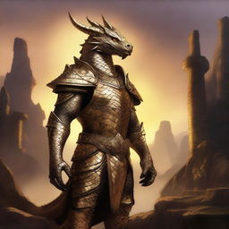 A majestic gold dragonborn standing proudly with shimmering scales, intricate armor, and a fierce yet noble expression