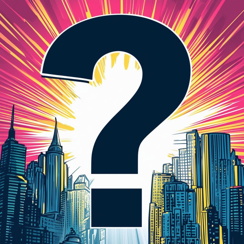 A comic book cover design featuring a bold question mark ("?") in a dynamic font with an interesting background of cityscapes, action scenes, or comic book patterns