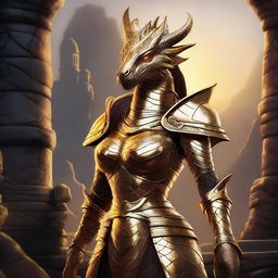 A majestic female gold dragonborn standing proudly with shimmering scales, intricate armor, and a fierce yet noble expression