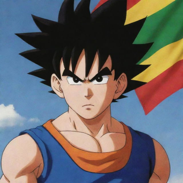 Goku from Dragon Ball Z proudly raising the flag of Bolivia with a determined expression on his face.