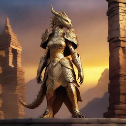 A majestic female gold dragonborn standing proudly with shimmering scales, intricate armor, and a fierce yet noble expression