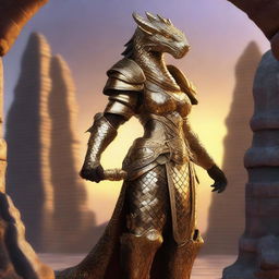 A majestic female gold dragonborn standing proudly with shimmering scales, intricate armor, and a fierce yet noble expression