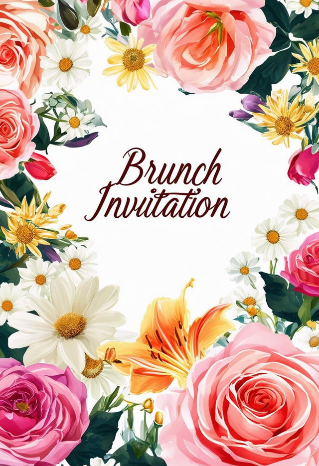 Book cover titled 'Brunch Invitation' with a vibrant floral arrangement background, featuring roses, lilies, and daisies