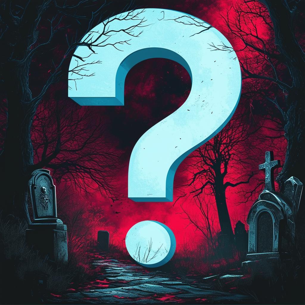 A horror-themed book cover design featuring a scary question mark ("?") with an interesting background of haunted forests, abandoned buildings, or misty graveyards