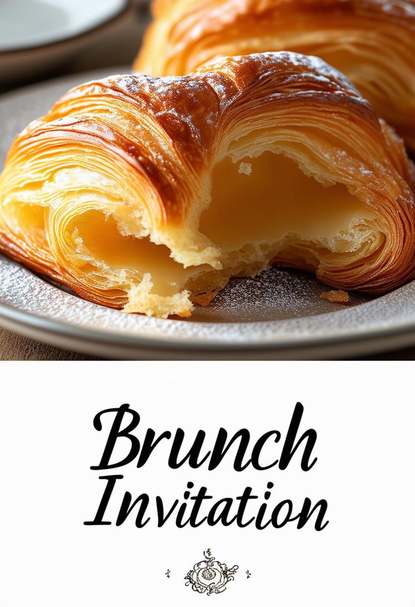 Book cover titled 'Brunch Invitation' with a background featuring a half-eaten Danish pastry