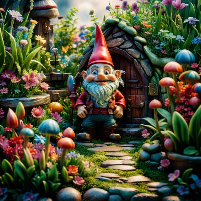 High-definition poster of a mischievous and cheeky gnome with a red hat and blue overalls in a vibrant, colorful garden, captured with cinema-quality photography and dramatic lighting