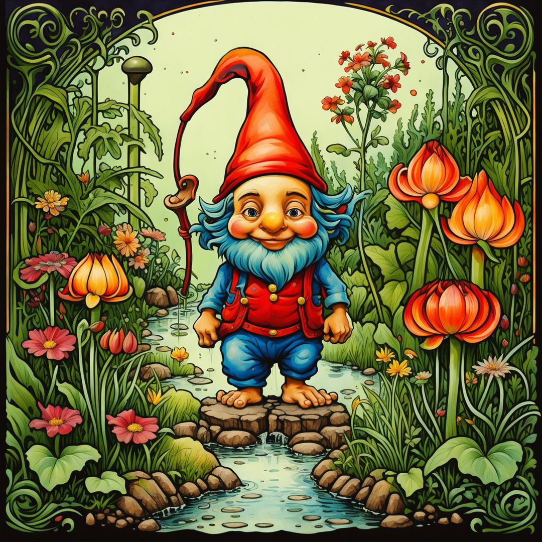 High-definition Art Nouveau style poster of a mischievous and cheeky gnome with a red hat and blue overalls in a vibrant, colorful garden with flowing lines and organic forms