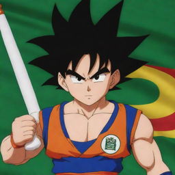 Goku from Dragon Ball Z proudly raising the flag of Bolivia with a determined expression on his face.