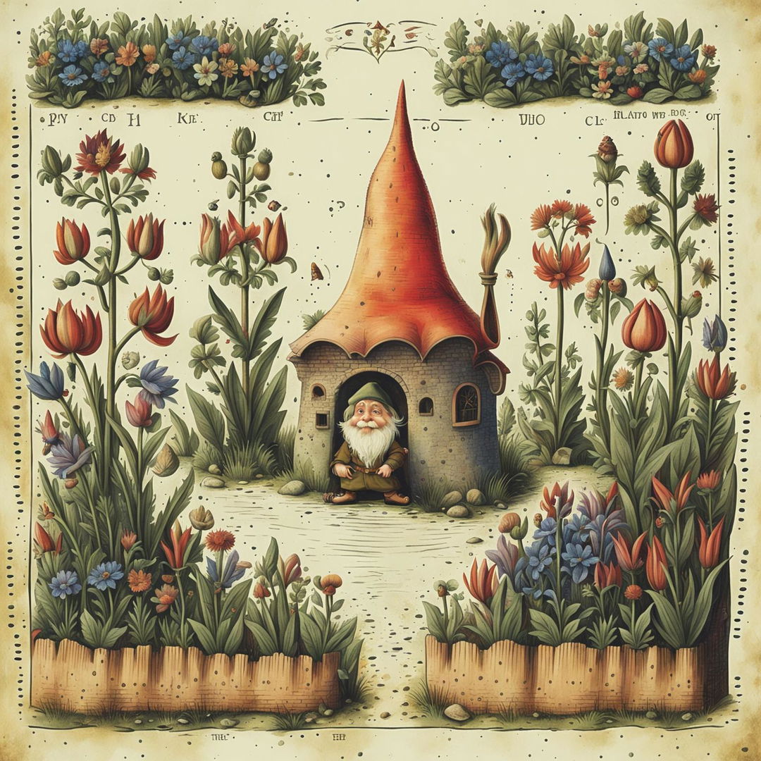 Middle Ages style poster of a mischievous and cheeky gnome with period-appropriate attire in a vibrant, colorful garden with medieval illustrations and decorative borders