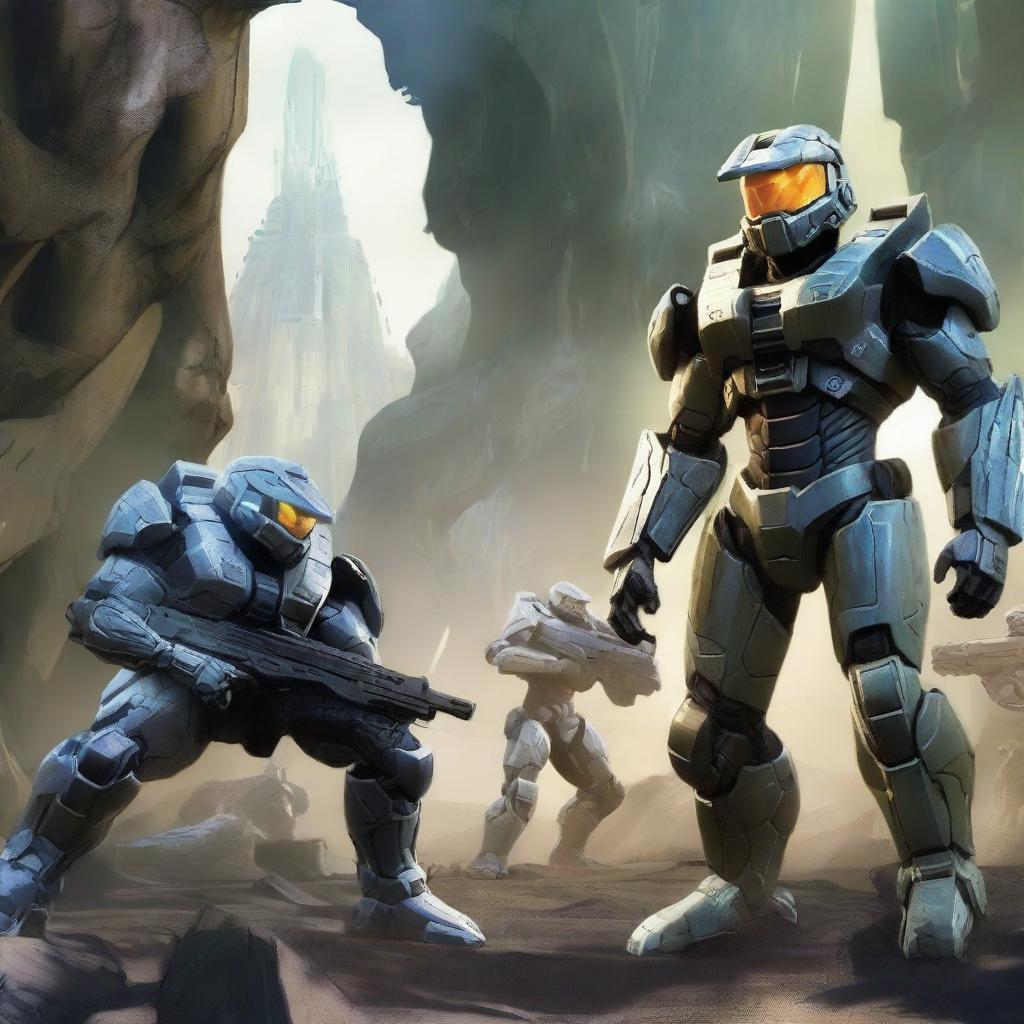 A detailed and dynamic scene featuring characters and elements from the video game Halo 4