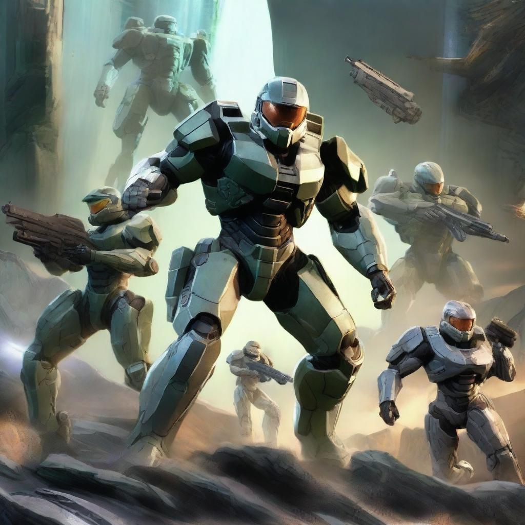 A detailed and dynamic scene featuring characters and elements from the video game Halo 4