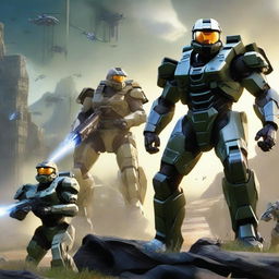 A detailed and dynamic scene featuring characters and elements from the video game Halo 4