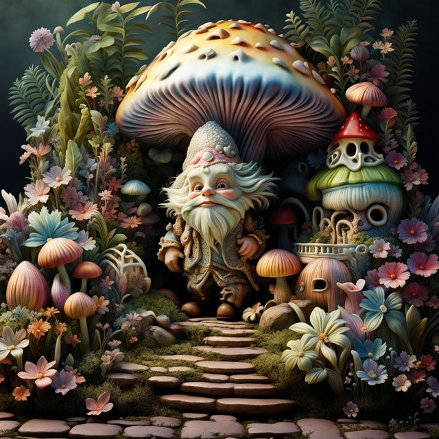 Rococo style poster of a mischievous gnome in elaborate attire hiding under a large mushroom in a vibrant, colorful garden with ornate and decorative elements