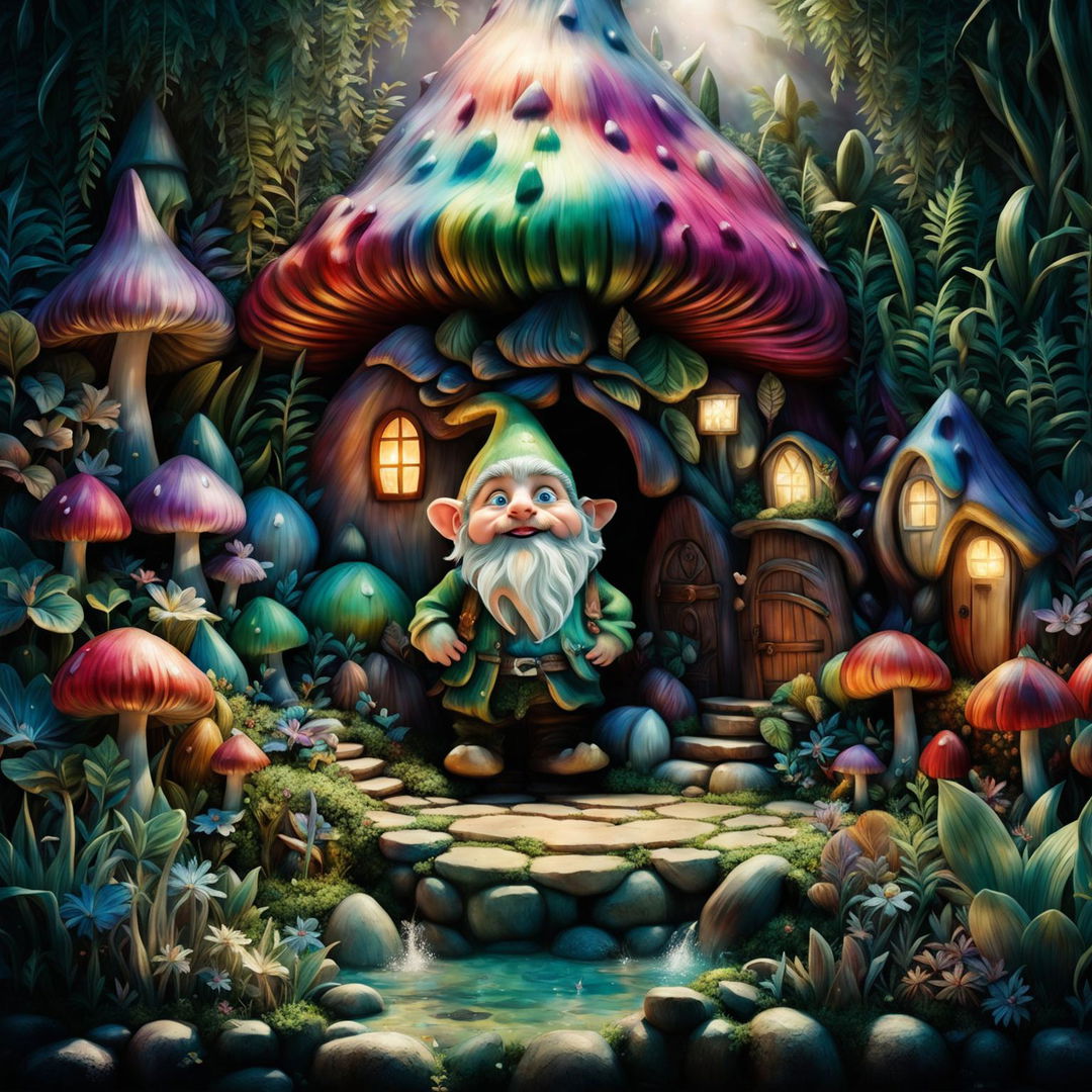 Fairytale style poster of a mischievous gnome in whimsical attire hiding under a large mushroom in a magical, vibrant garden with enchanting and dreamy elements