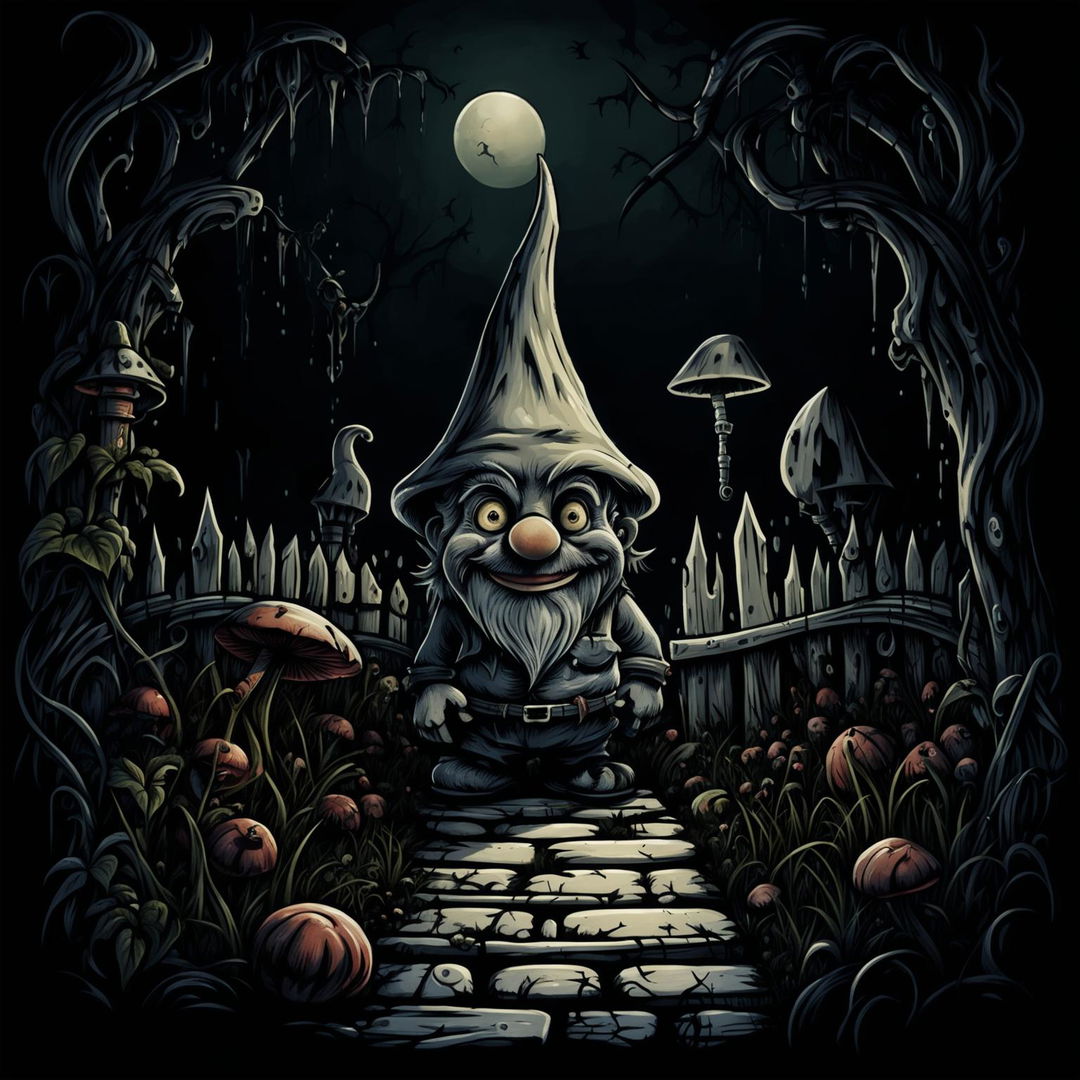 Scary poster of a mischievous gnome with a sinister expression hiding under a large, dark mushroom in an eerie, overgrown garden with haunting elements and dim, creepy lighting