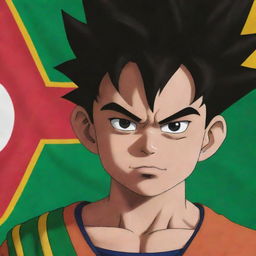 Goku from Dragon Ball Z proudly raising the flag of Bolivia with a determined expression on his face.