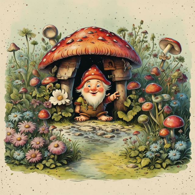 Old-fashioned illustration poster of a mischievous gnome with traditional attire hiding under a large, colorful mushroom in a charming, vibrant garden with whimsical elements and soft, natural lighting