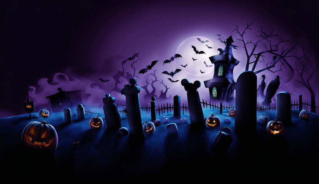 Create a Halloween-themed background for a Zoom call featuring carved pumpkins, eerie fog, a haunted house, full moon, and playful decorations like friendly ghosts, witches, and black cats