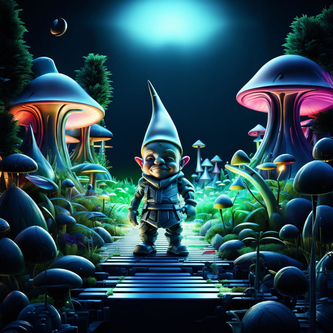 Futuristic poster of a mischievous gnome with high-tech attire hiding in a garden filled with glowing plants, robotic flowers, and holographic trees, featuring vibrant colors and dynamic lighting