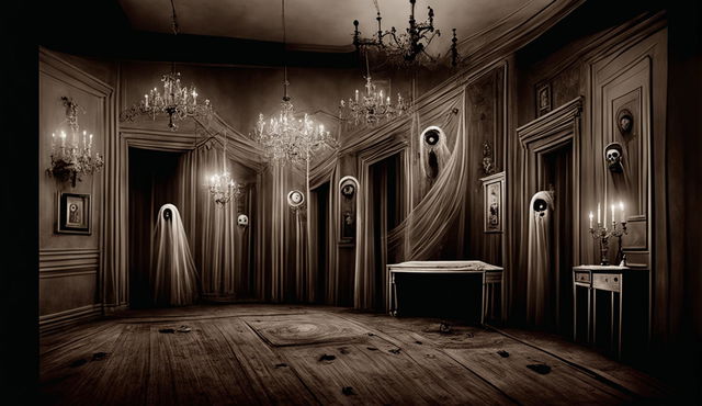 Create a Halloween-themed Zoom background set inside a haunted mansion with a vintage photograph look, featuring antique furniture, cobwebs, ghostly apparitions, and a 3D effect for an immersive experience