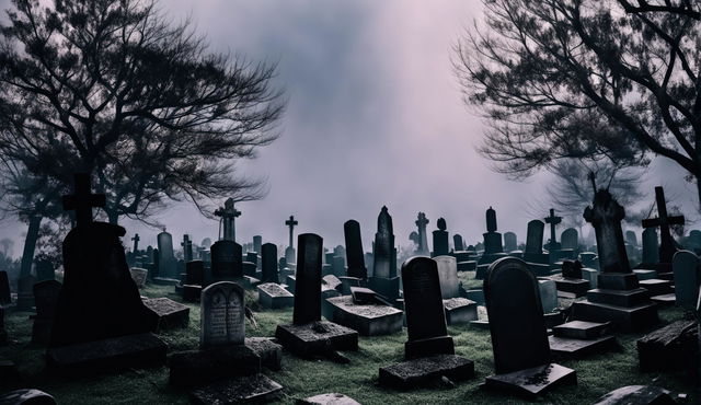 Create a medium-shot Zoom background resembling a photograph of a haunted graveyard, featuring weathered tombstones, gnarled trees, low-lying fog, and an overcast sky with a vintage feel