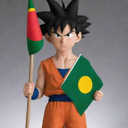 Goku from Dragon Ball Z proudly raising the flag of Bolivia with a determined expression on his face.