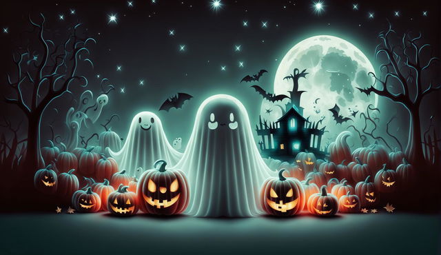 Create a fun Halloween-themed Zoom background featuring cute ghosts and glowing pumpkins, with elements like a full moon, twinkling stars, and a haunted house silhouette