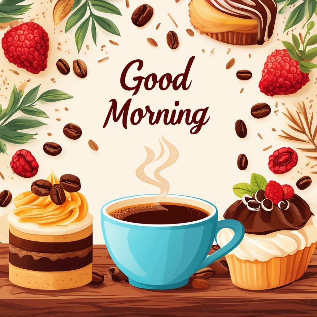 Design a book cover with the text "Good Morning" and a coffee and desserts-themed background, featuring a steaming cup of coffee, various desserts, coffee beans, and a cozy café setting