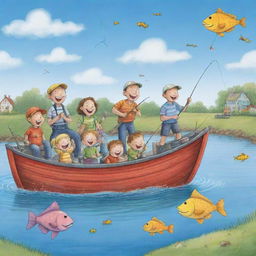 A lively, easy-to-draw cartoon image for a children's book displaying a cheery community, children and adults alike, having a blast on a 'Fishing Fun Day' under a clear, happy sky.