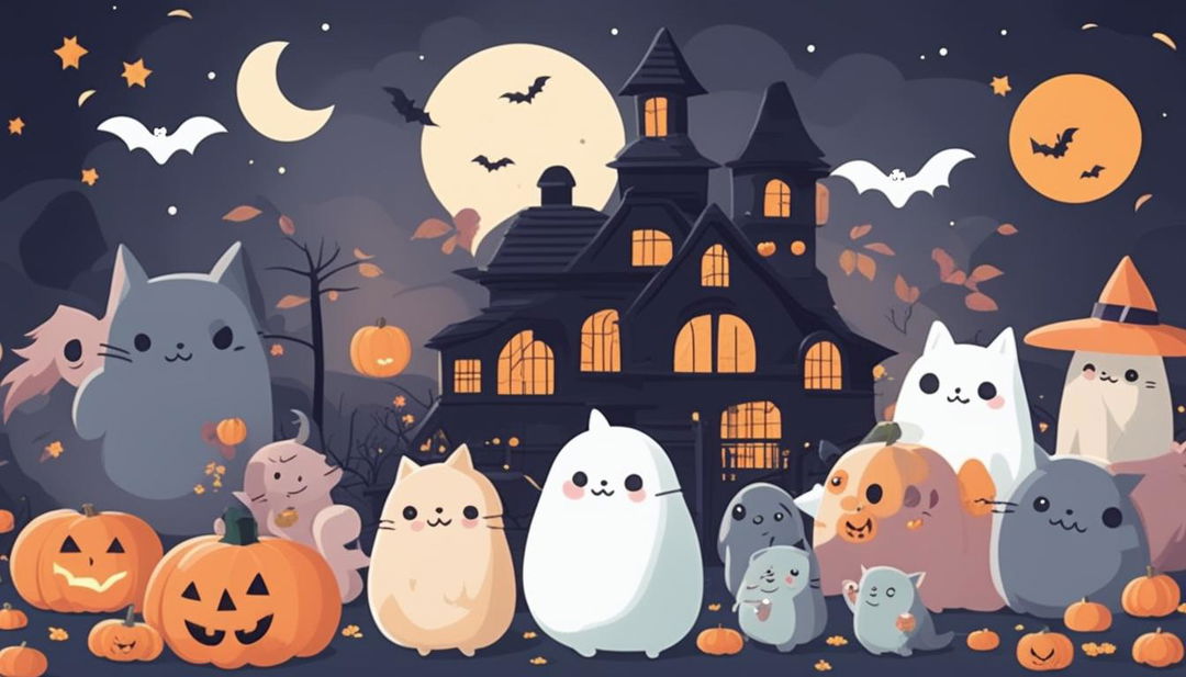 Create a kawaii anime-style Halloween Zoom background featuring cute characters in costumes, smiling ghosts, tiny bats, friendly black cats, a full moon with a kawaii face, and a pastel-colored haunted house