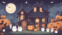 Create a kawaii anime-style Halloween Zoom background featuring cute characters in costumes, smiling ghosts, tiny bats, friendly black cats, a full moon with a kawaii face, and a pastel-colored haunted house