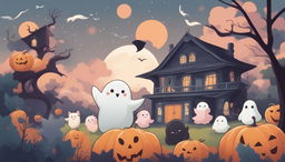 Create a kawaii anime-style Halloween Zoom background featuring cute characters in costumes, smiling ghosts, tiny bats, friendly black cats, a full moon with a kawaii face, and a pastel-colored haunted house