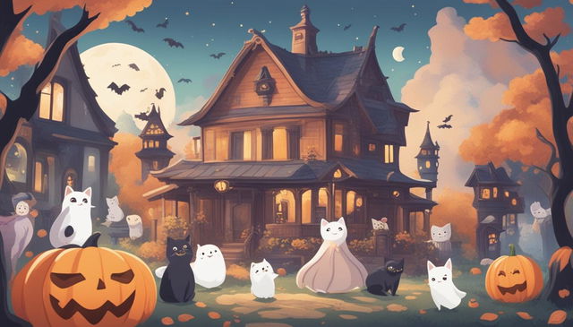 Create a kawaii anime-style Halloween Zoom background featuring cute characters in costumes, smiling ghosts, tiny bats, friendly black cats, a full moon with a kawaii face, and a pastel-colored haunted house