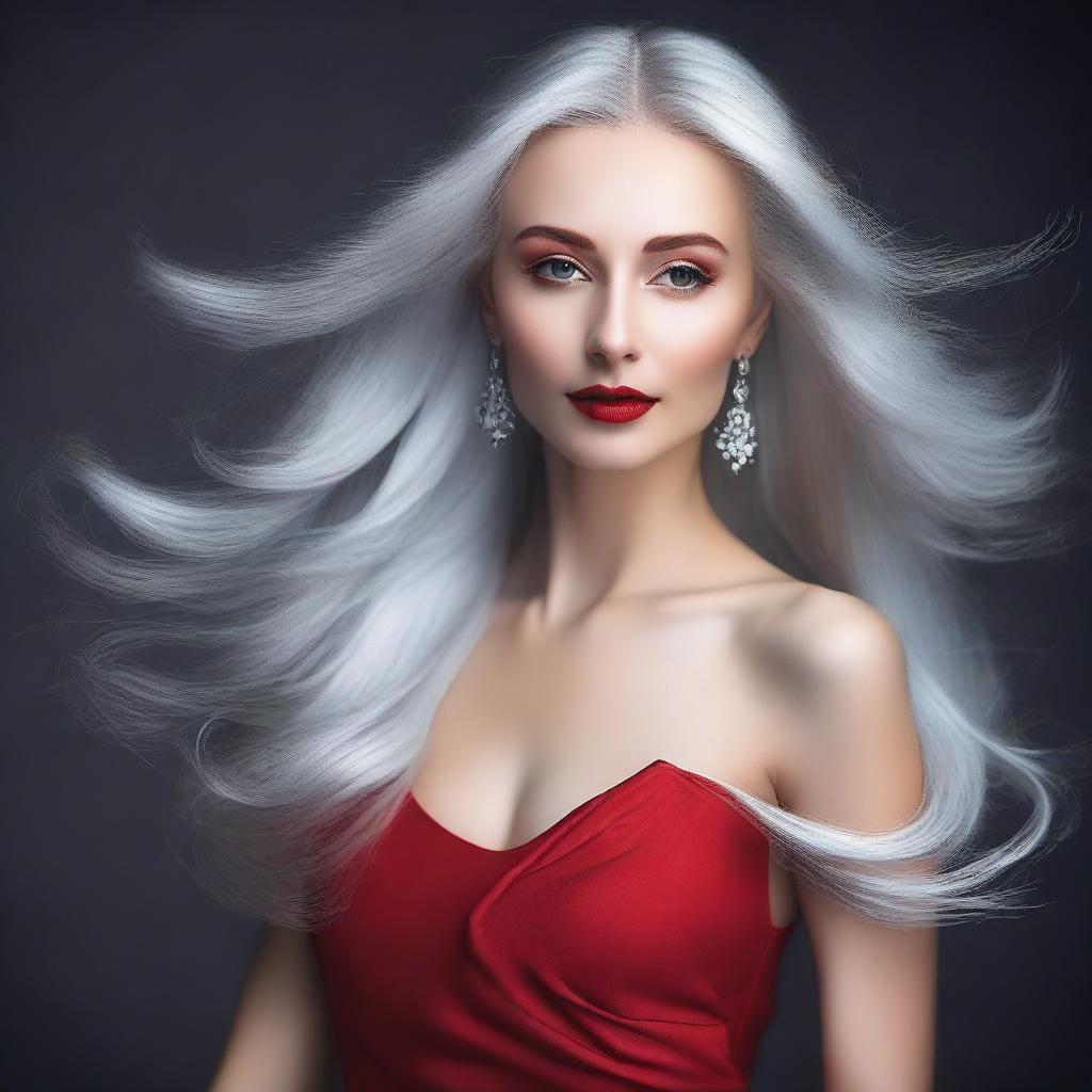 A beautiful Russian woman with flowing silver hair, wearing a tight red dress with a high slit