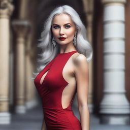 A beautiful Russian woman with flowing silver hair, wearing a tight red dress with a high slit