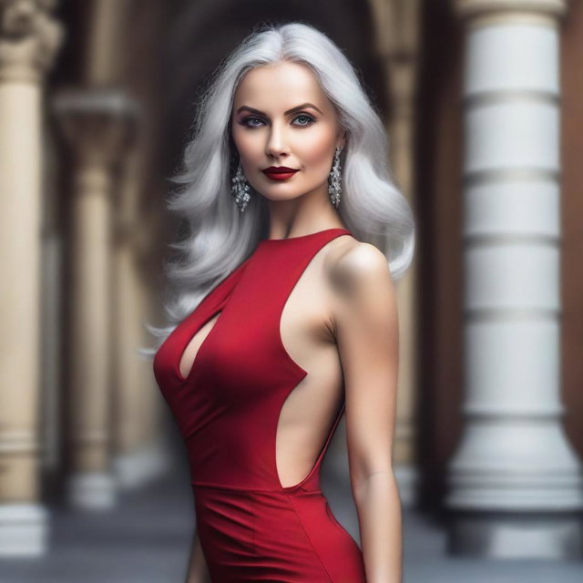 A beautiful Russian woman with flowing silver hair, wearing a tight red dress with a high slit