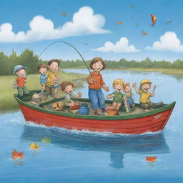 A lively, easy-to-draw cartoon image for a children's book displaying a cheery community, children and adults alike, having a blast on a 'Fishing Fun Day' under a clear, happy sky.