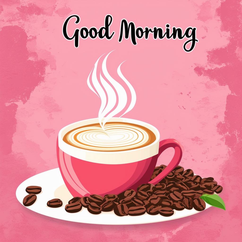 Design a book cover with the text "Good Morning" and a coffee-themed background with a pink aesthetic, featuring a steaming cup of coffee, coffee beans, and a cozy café setting