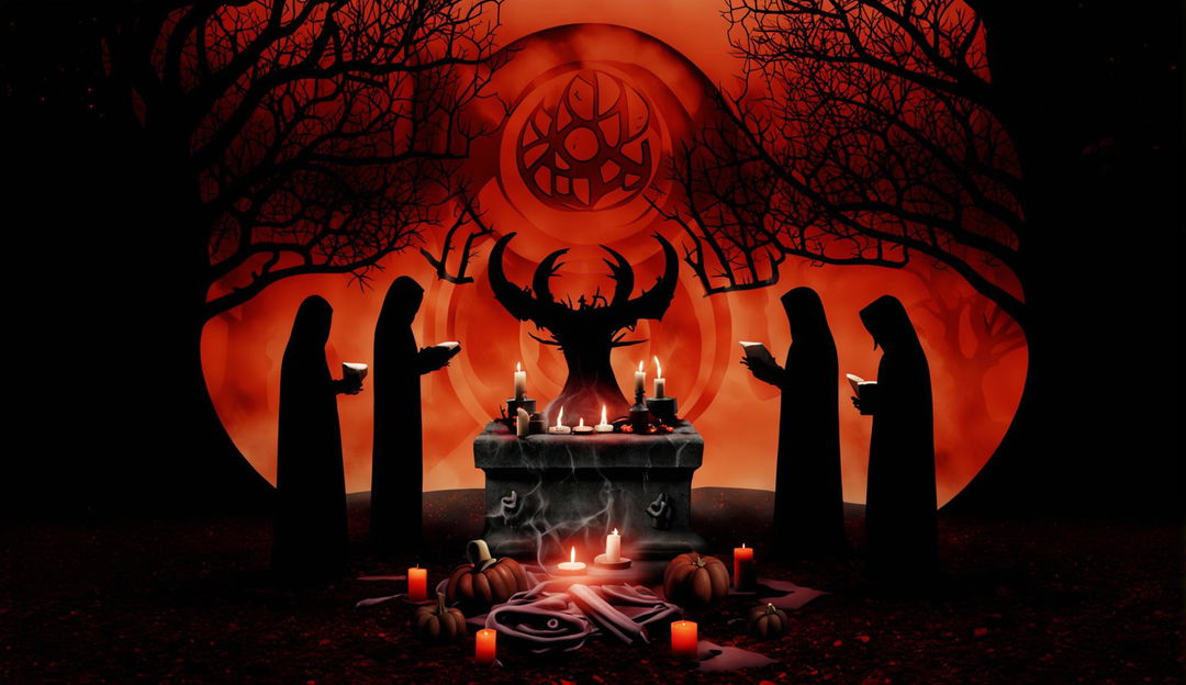 Create a Halloween-themed Zoom background depicting a demonic ritual scene with an ancient stone altar, hooded figures, flickering candles, arcane symbols, and a blood-red moon, evoking a dark and spooky atmosphere