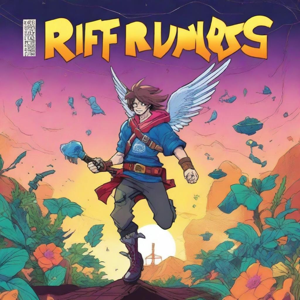 Create a minimalist comic book cover for a solarpunk style anime story titled "Riff Runners" in a bold font