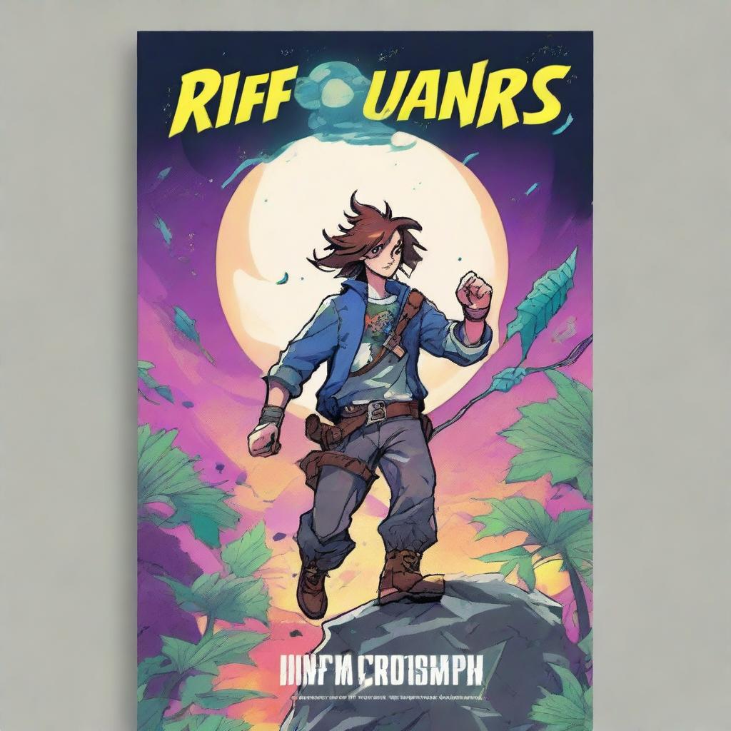 Create a minimalist comic book cover for a solarpunk style anime story titled "Riff Runners" in a bold font