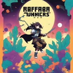 Create a minimalist comic book cover for a solarpunk style anime story titled "Riff Runners" in a bold font